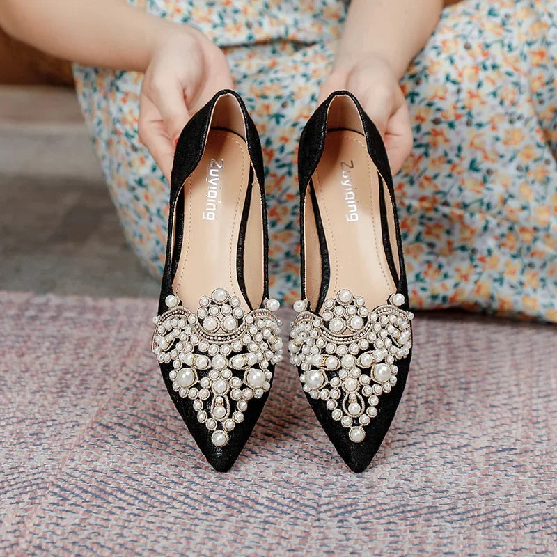 Shoes Women 2023 Designer Beads Wedding  Lace Embroider Flats Woman Ballerina Pointed Toe Pearl Loafers Sneakers Plus Size