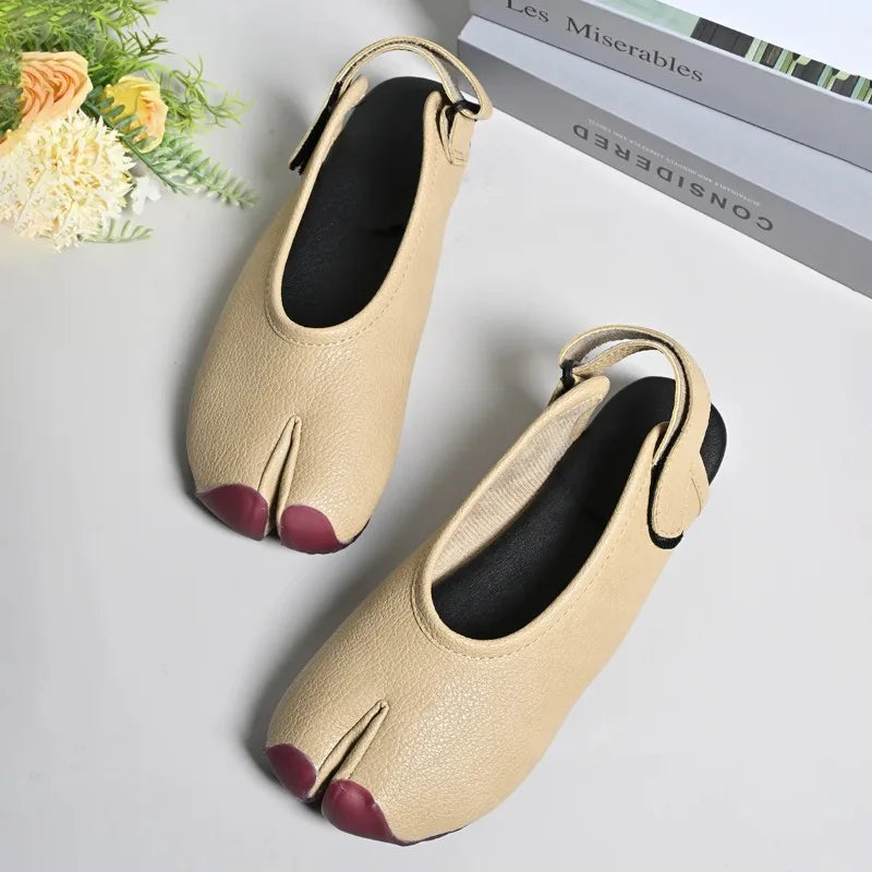 Summer Fashion Soft Leather Split Toe Women Flats Casual Comfortable Low Heeled Wedges Sandals Slingbacks Tabi Ballet Shoes